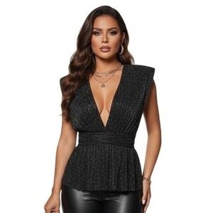 Elan Peplum Top Womens Small Black Shimmer Deep V-Neck Padded Shoulder
